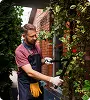 tuinier die buiten bij een huis planten en groen onderhoudt, die landschapsverzorging, buitenonderhoud en woningonderhoudsdiensten vertegenwoordigt